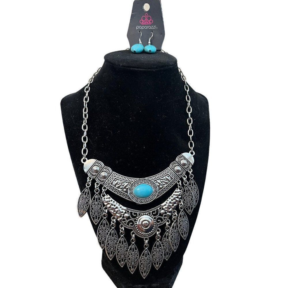 Paparazzi Blue Turquoise Silver Tone Necklace Layered Choker Collar Earrings New